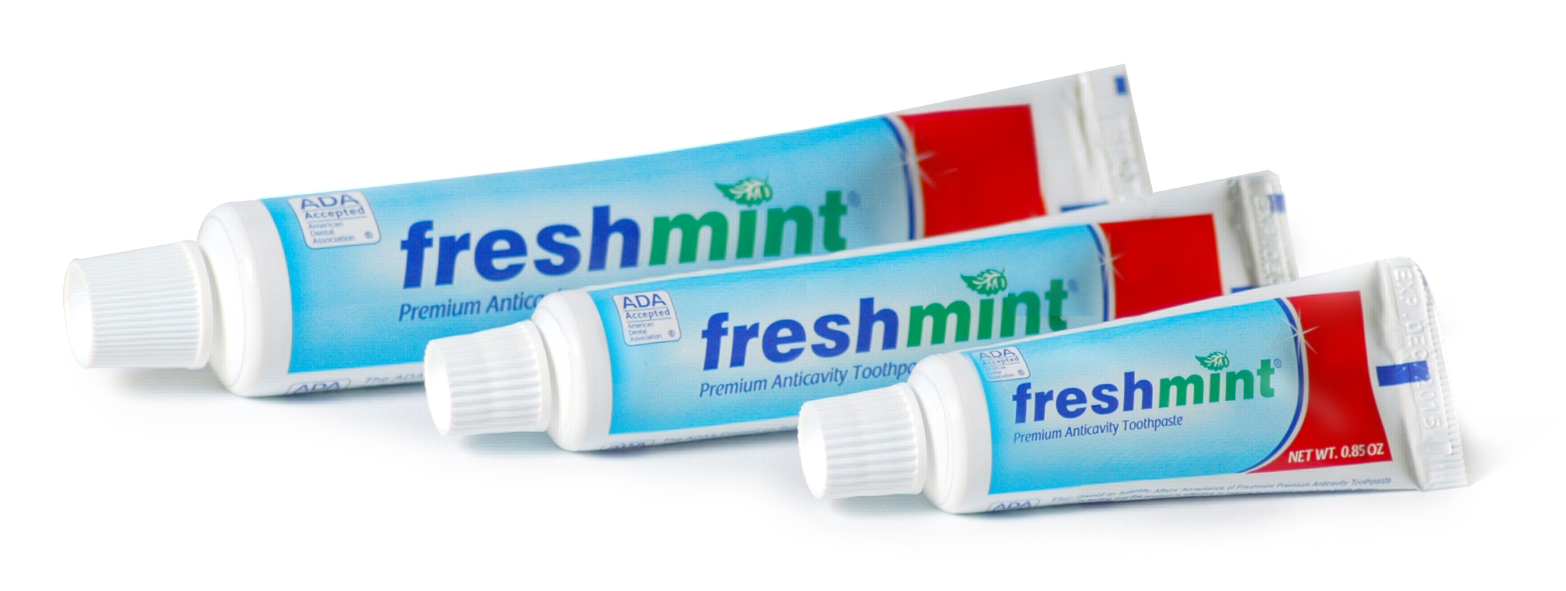 Three tubes of Freshmint toothpaste, labeled as premium anticavity toothpaste, are arranged in a row on a white background. The tubes are white with blue and green labels.